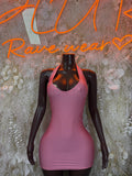 Pink sleeveless mini dress with scoop neckline, fitted stretch racerback bodice