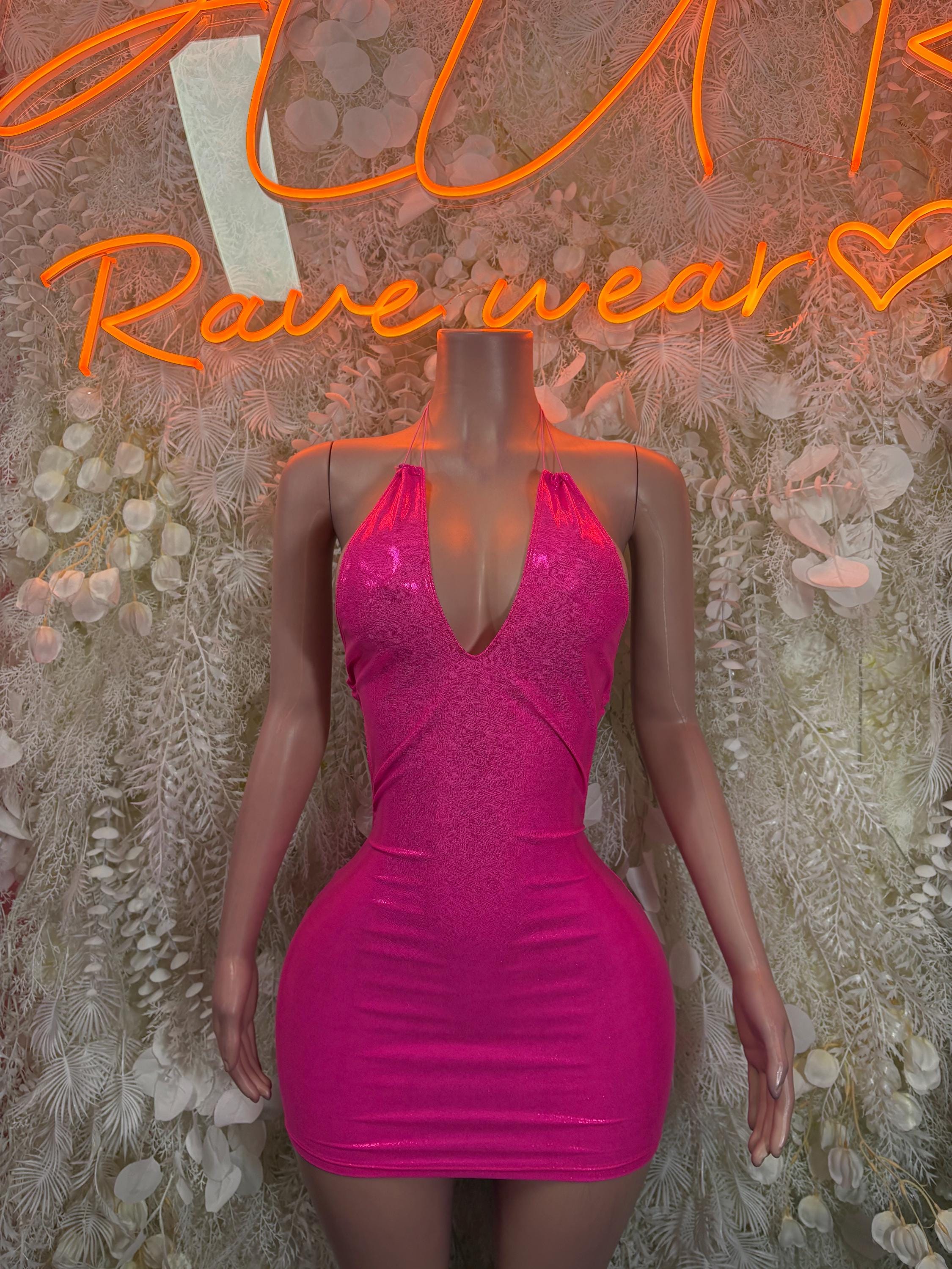 Neon pink V-neck mini rave dress with narrow straps and ruched bodycon fit