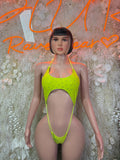 Neon green one-piece slingshot bodysuit with thin straps and front cutout