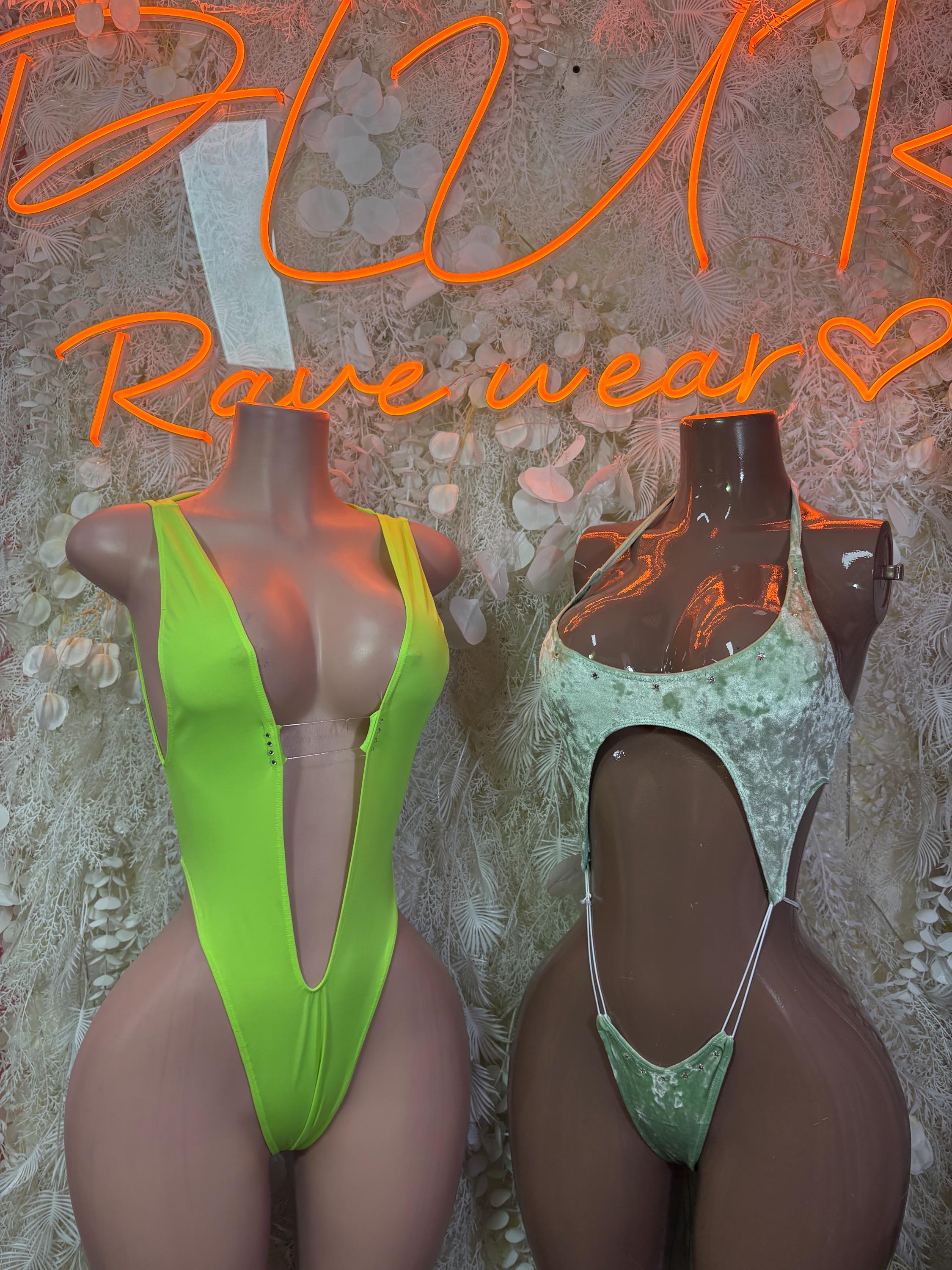 Mint green velvet one-piece bodysuit with deep V front and halter straps
