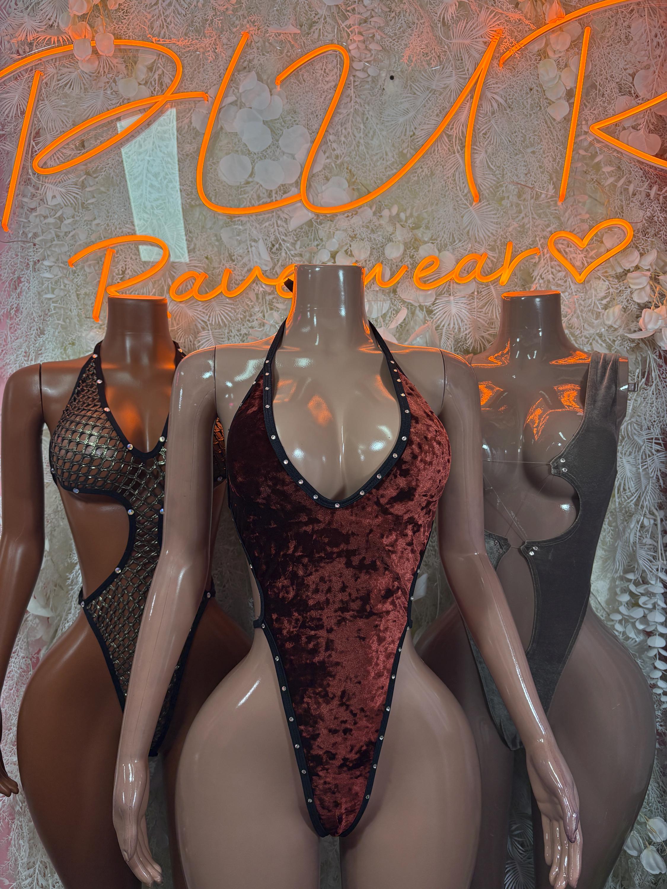 Velvet bodysuit with mesh side panels and plunging neckline, dark red