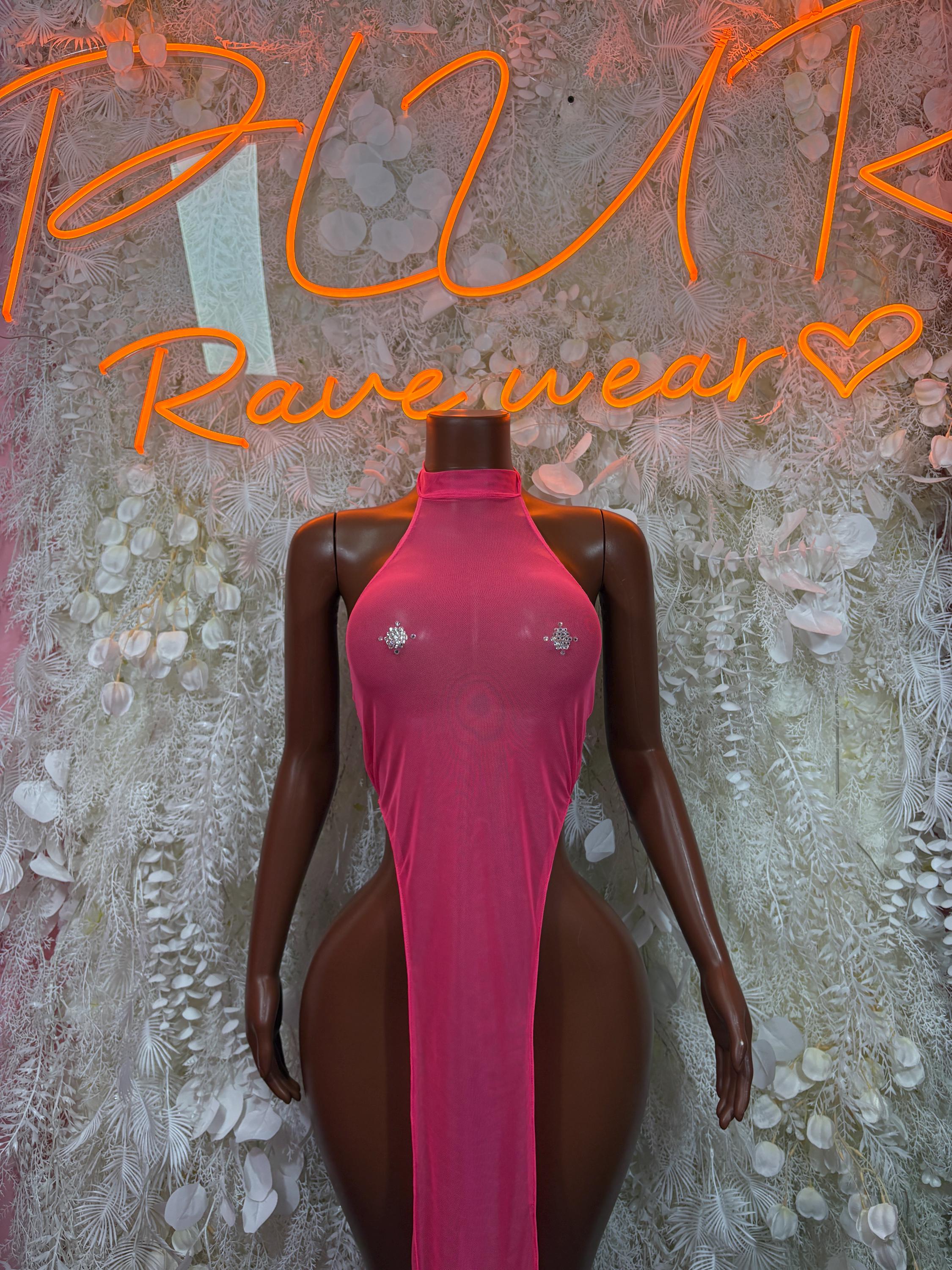 Hot pink halter festival gown with high neck and front rhinestone details