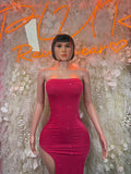 Pink strapless bodycon dress with draped bust and ruching detail