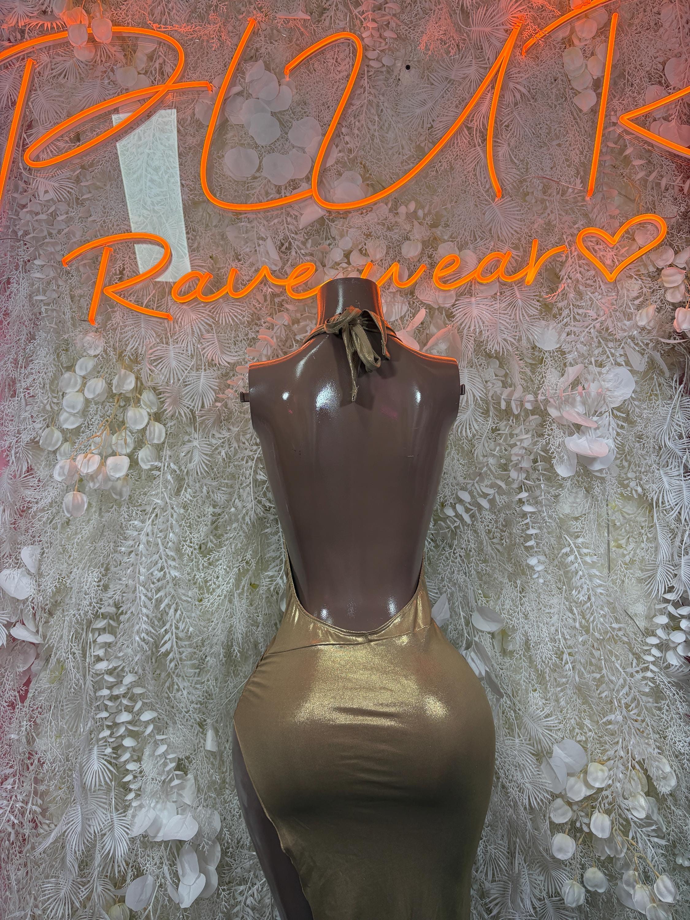 Metallic gold sleeveless halter dress with draped bust, bow neck, fitted skirt