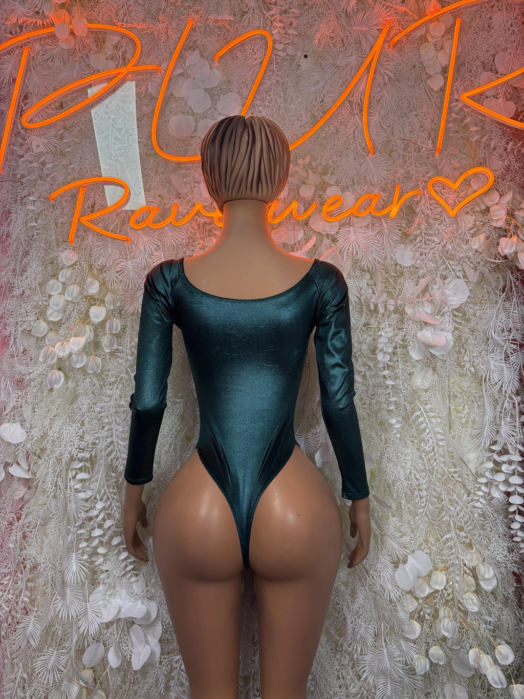 Dark green satin dance bodysuit, back view with long sleeves and V-back