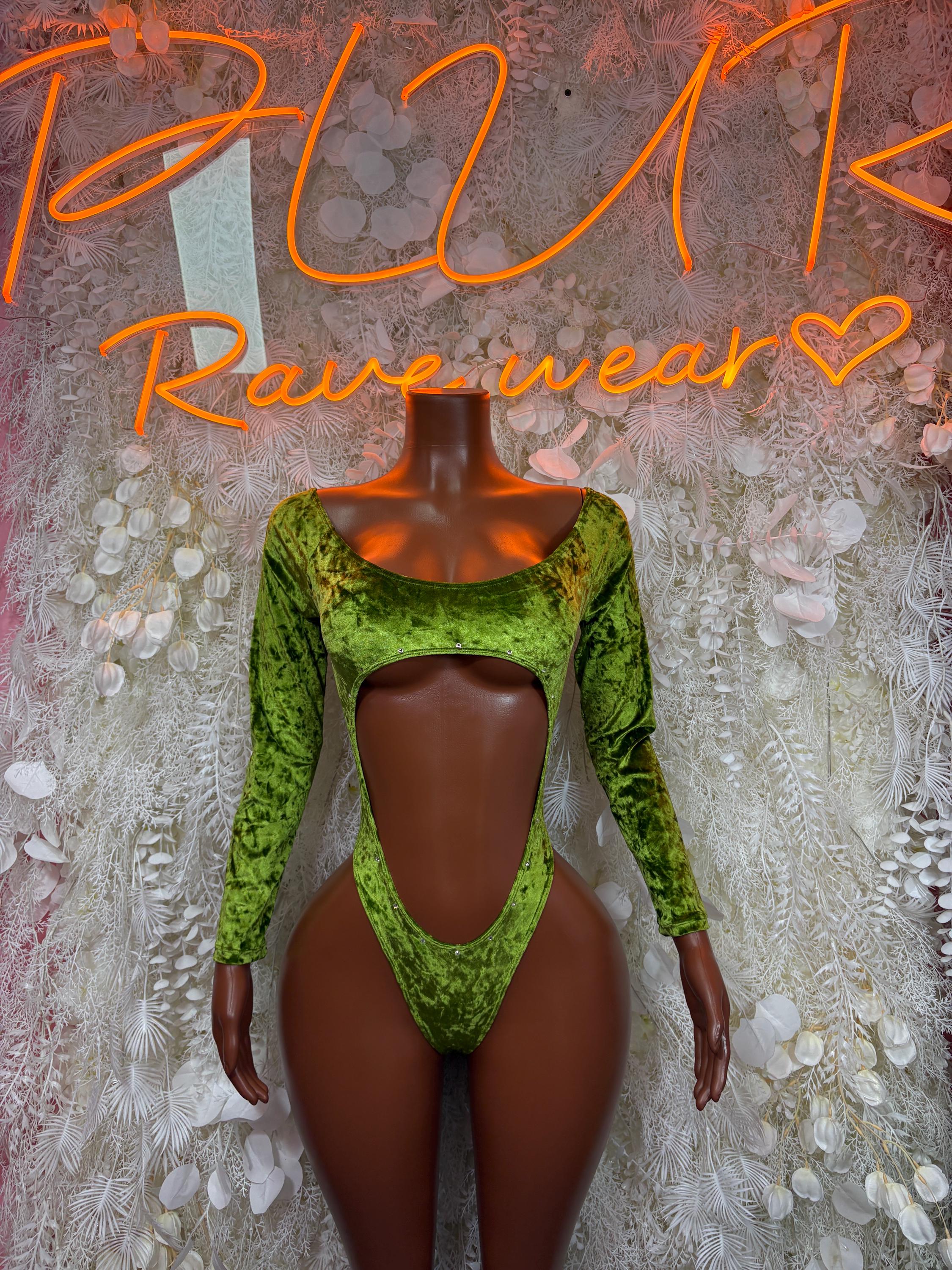 Green velvet bodysuit with long sleeves, scoop neck, and central cutout