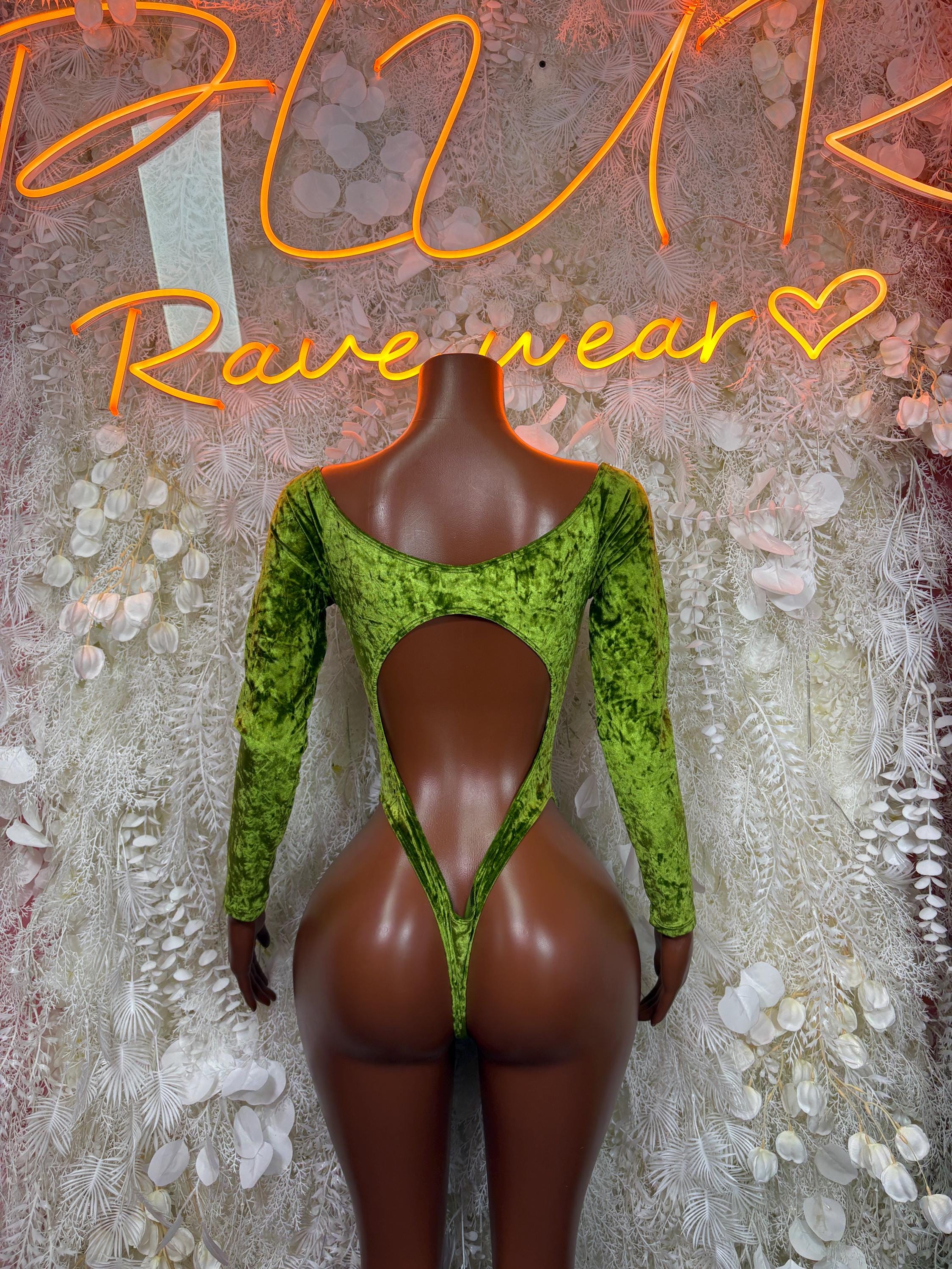 Green velvet bodysuit with long sleeves and deep V back cutout