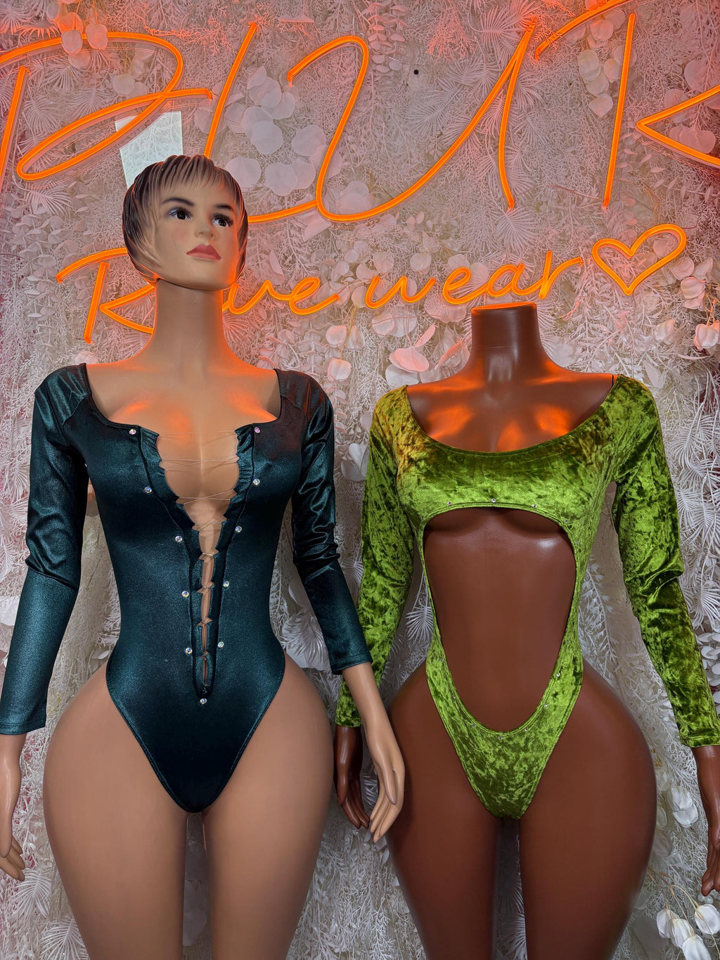 Green velvet bodysuit with long sleeves and high-cut front