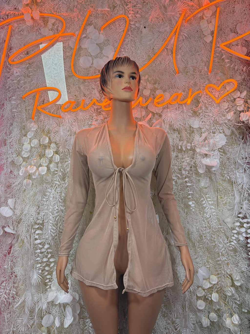 Nude mesh babydoll gown with tie-front halter neckline and long sleeves