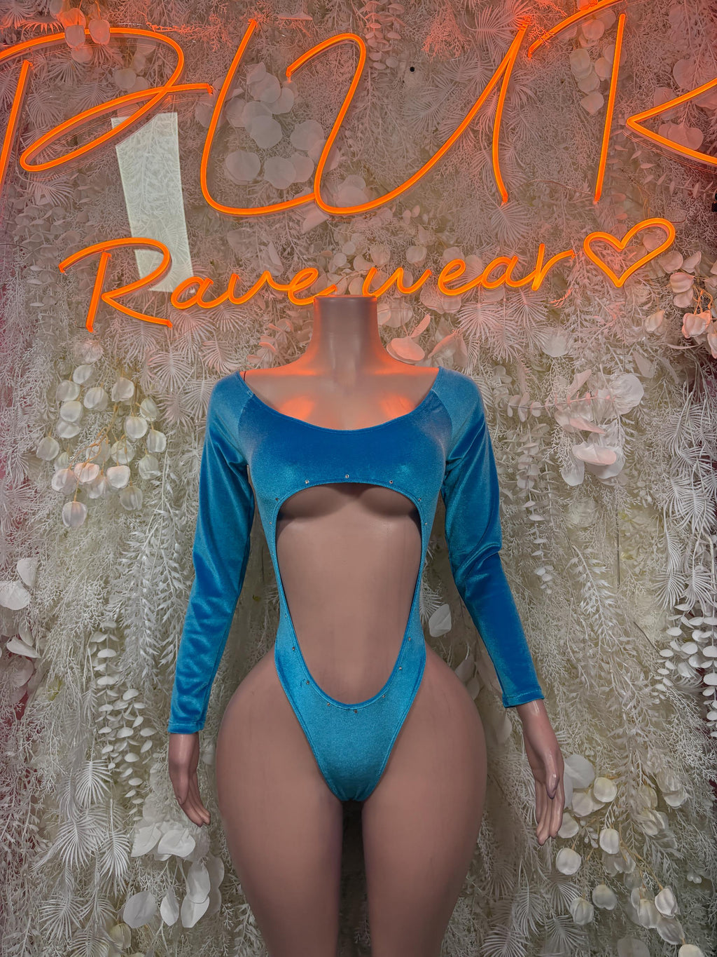 Blue velvet cutout bodysuit with long sleeves and oval backless chest cutout