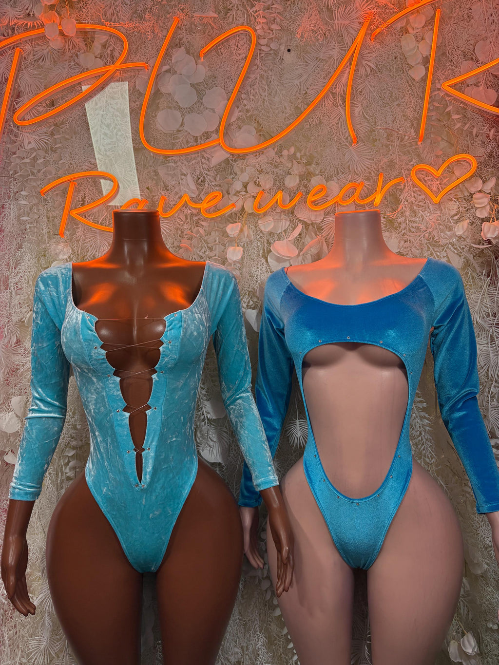 Sky-blue velvet cutout bodysuit with long sleeves and front chest opening
