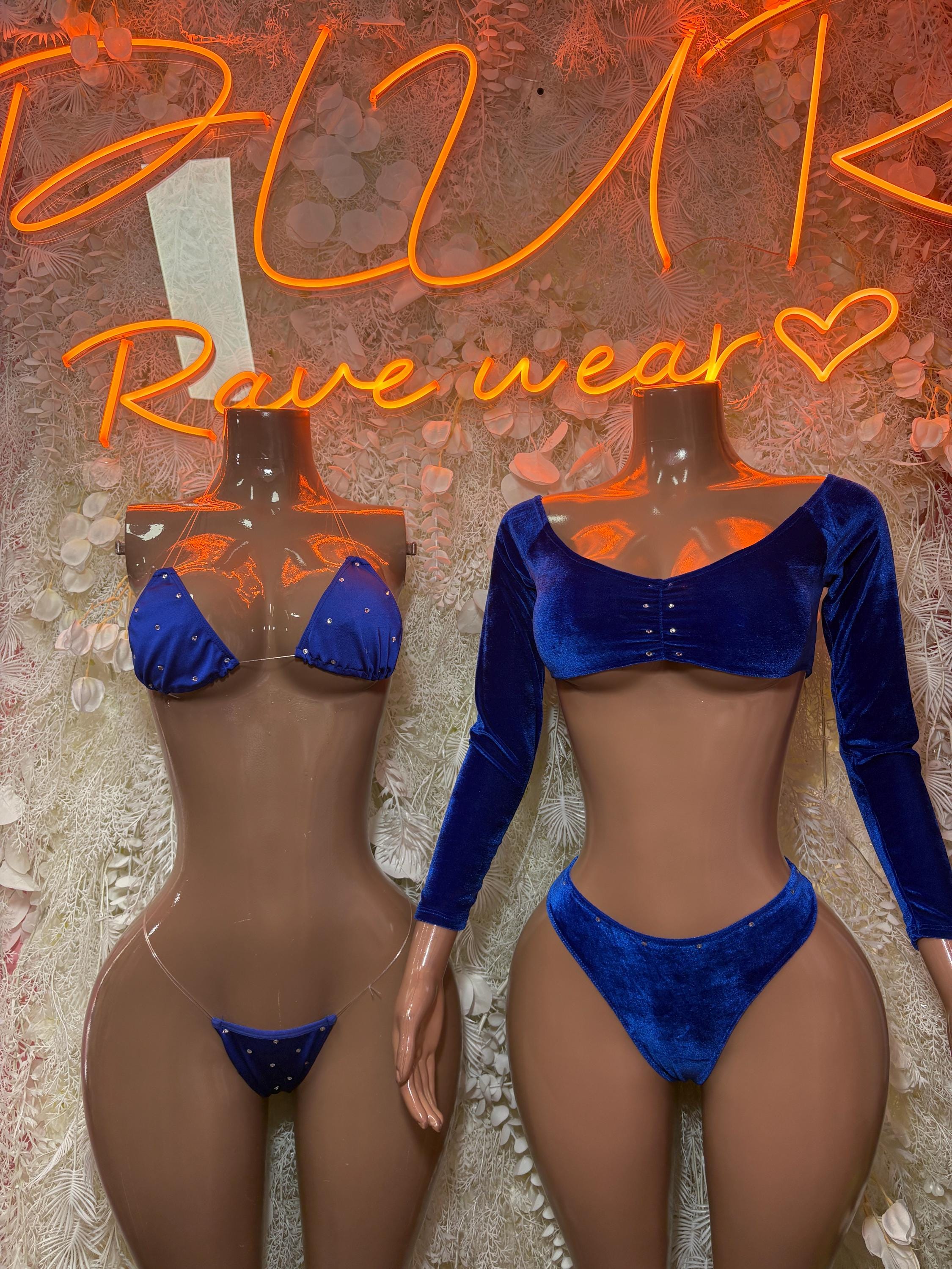 Royal blue velvet two-piece set with crop top and high-cut bikini bottoms