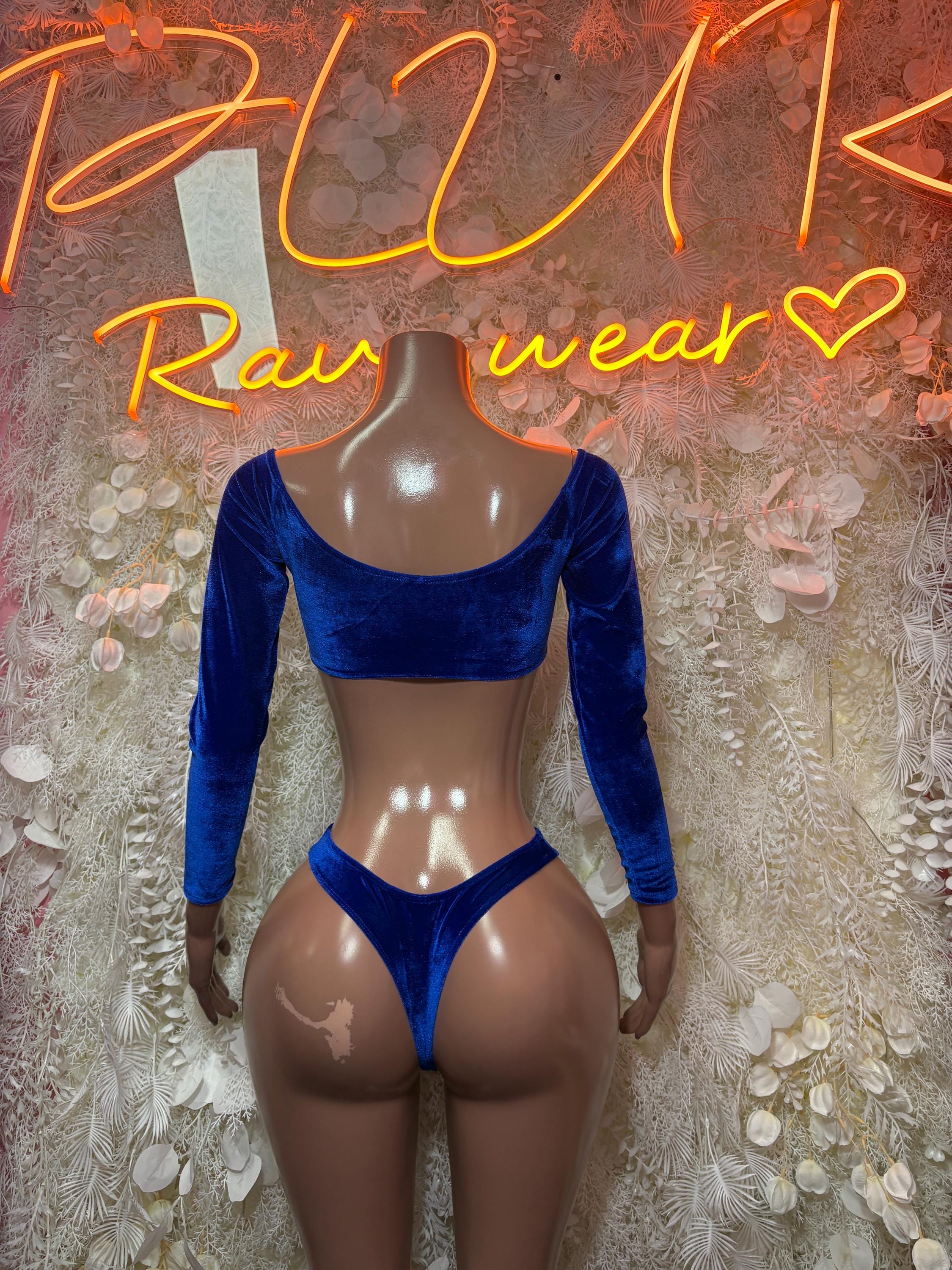 Royal blue velvet long-sleeve crop top and high-cut bikini bottom set