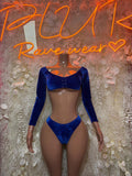 Royal blue velvet long-sleeve crop top and matching high-cut bikini bottom set