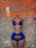 Royal blue two-piece dancewear set with halter bra top and high-cut shorts