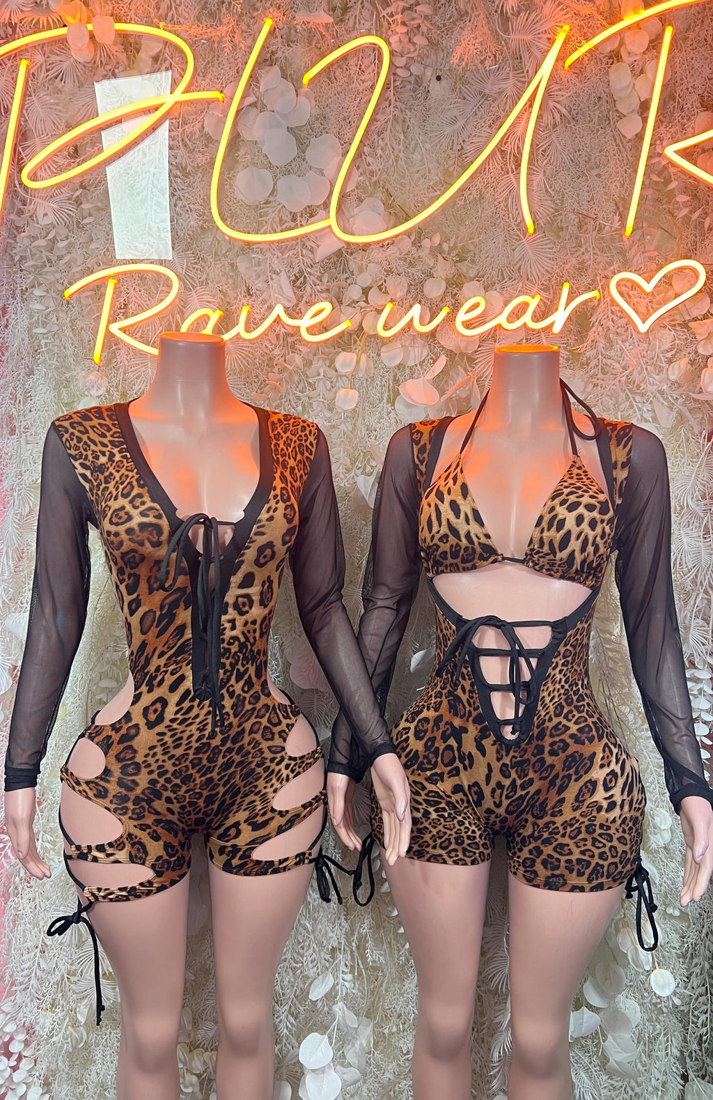 Leopard print bodysuit romper with sheer sleeves and lace-up back, short cutouts