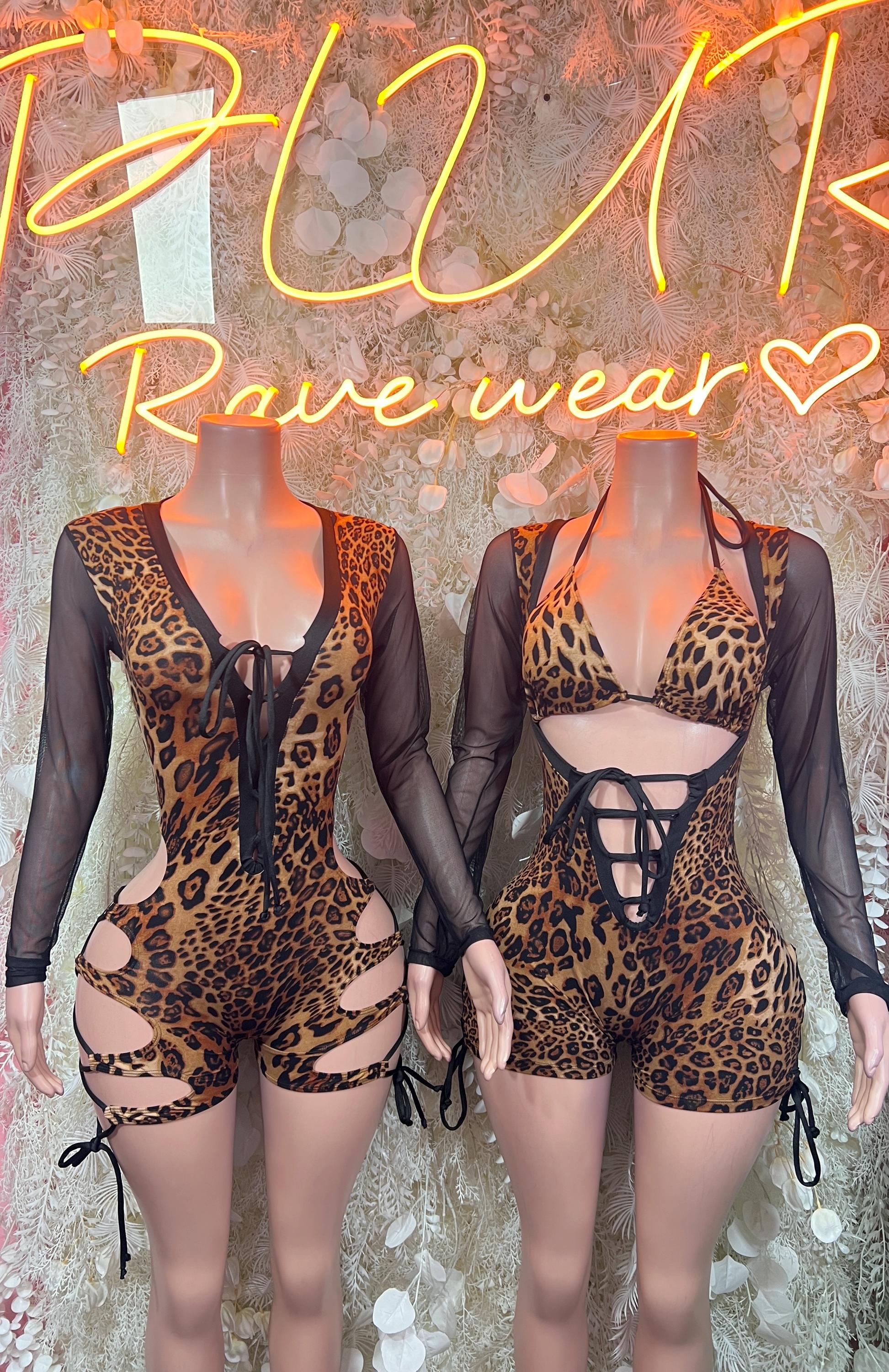 Leopard print bodysuit romper with sheer sleeves and lace-up back, short cutouts