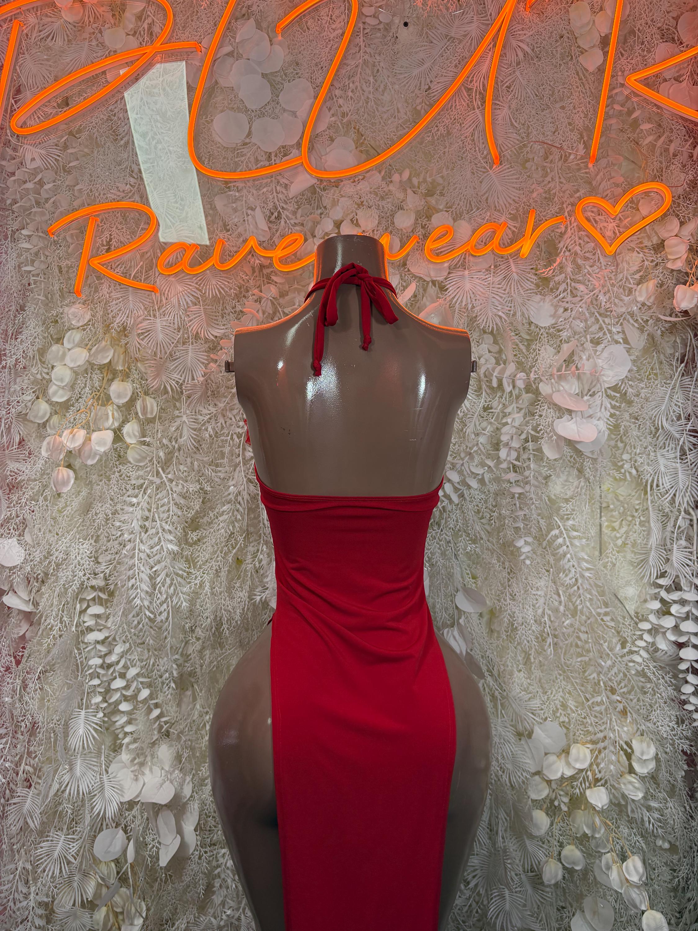 Red halter ruffle gown with back tie straps and ruched bodice