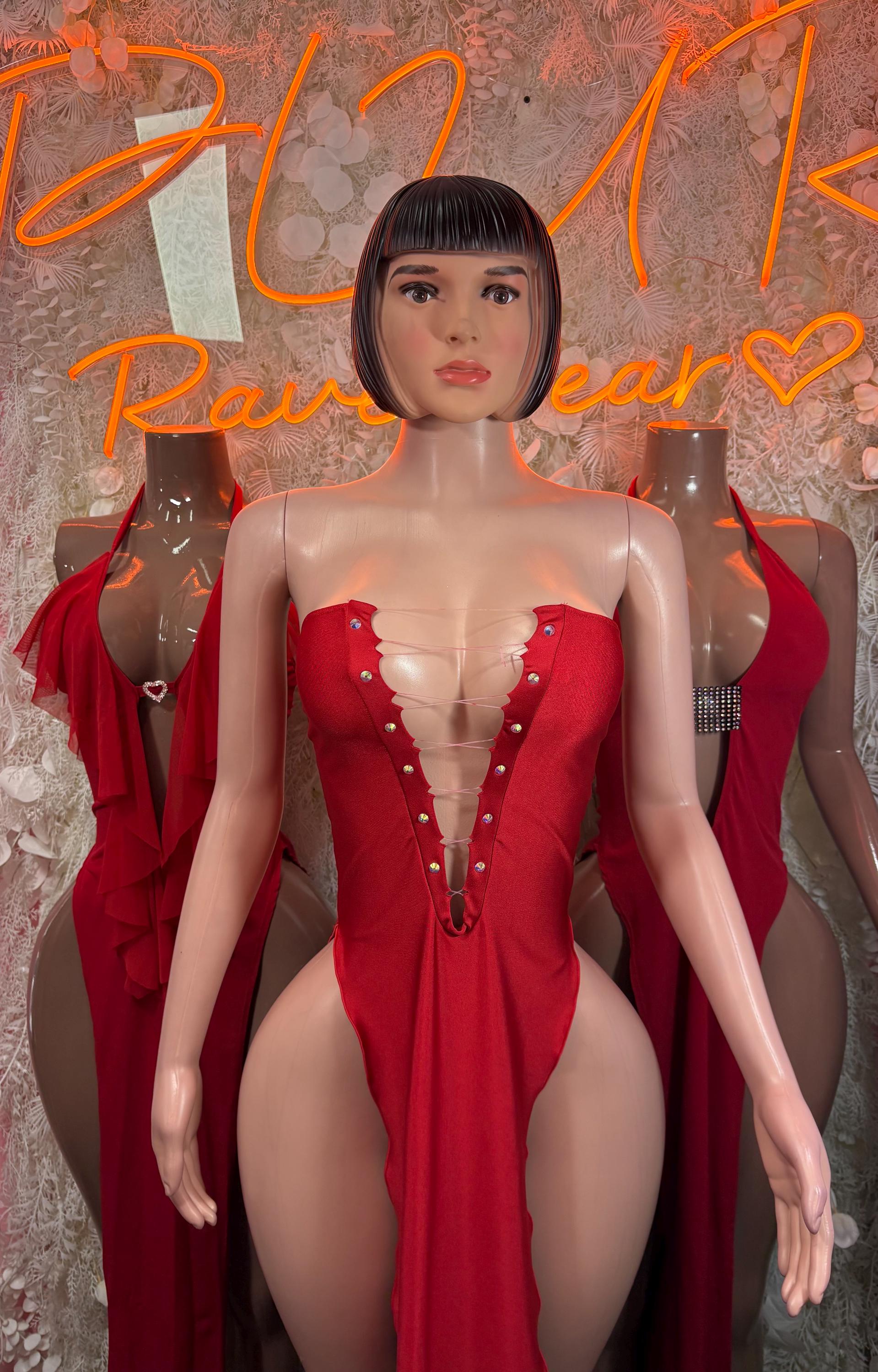 Red strapless dance bodysuit with sweetheart neckline and gold button front