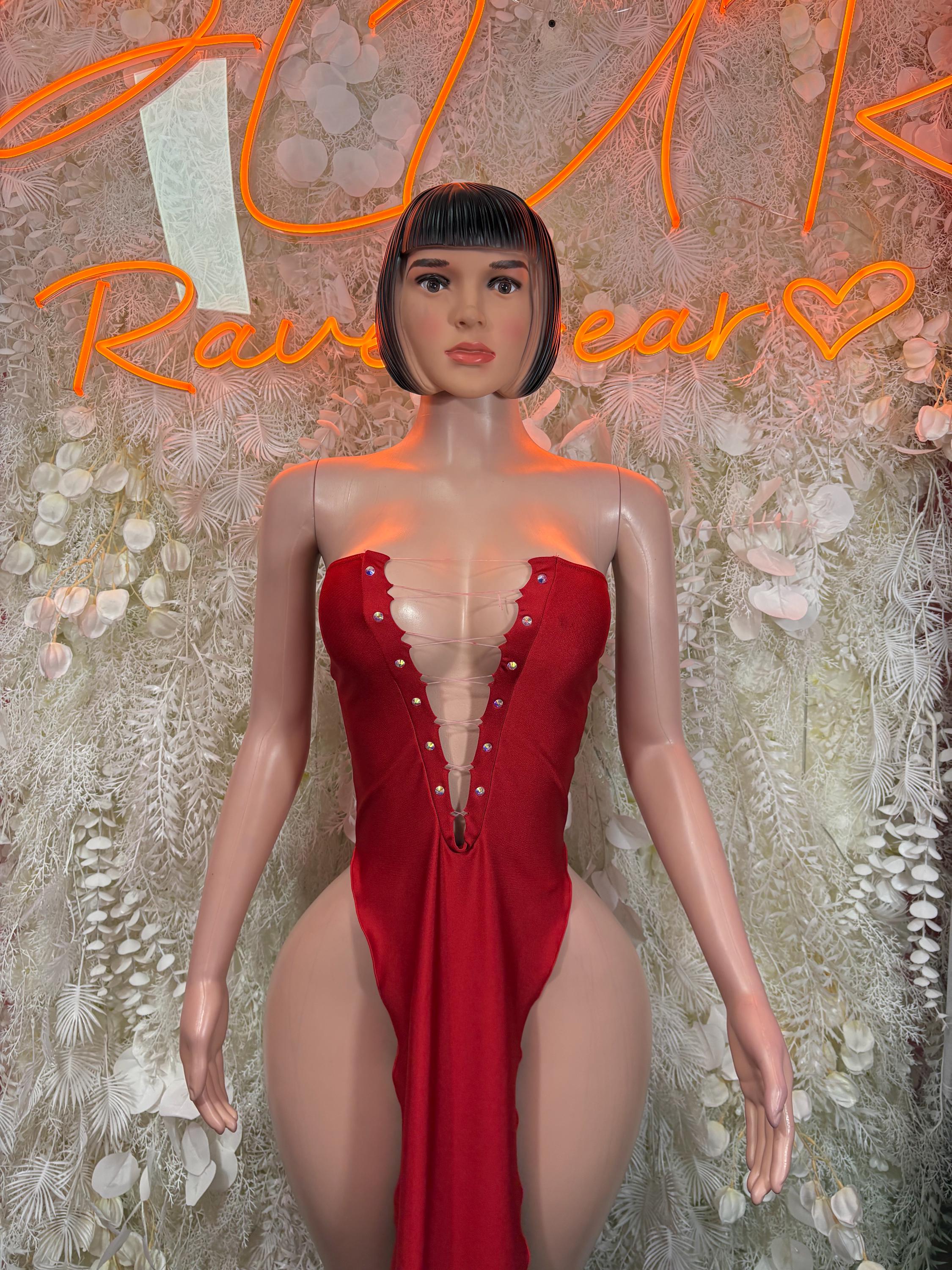 Red strapless dance bodysuit with sweetheart neckline, gold snap trim, and front zip