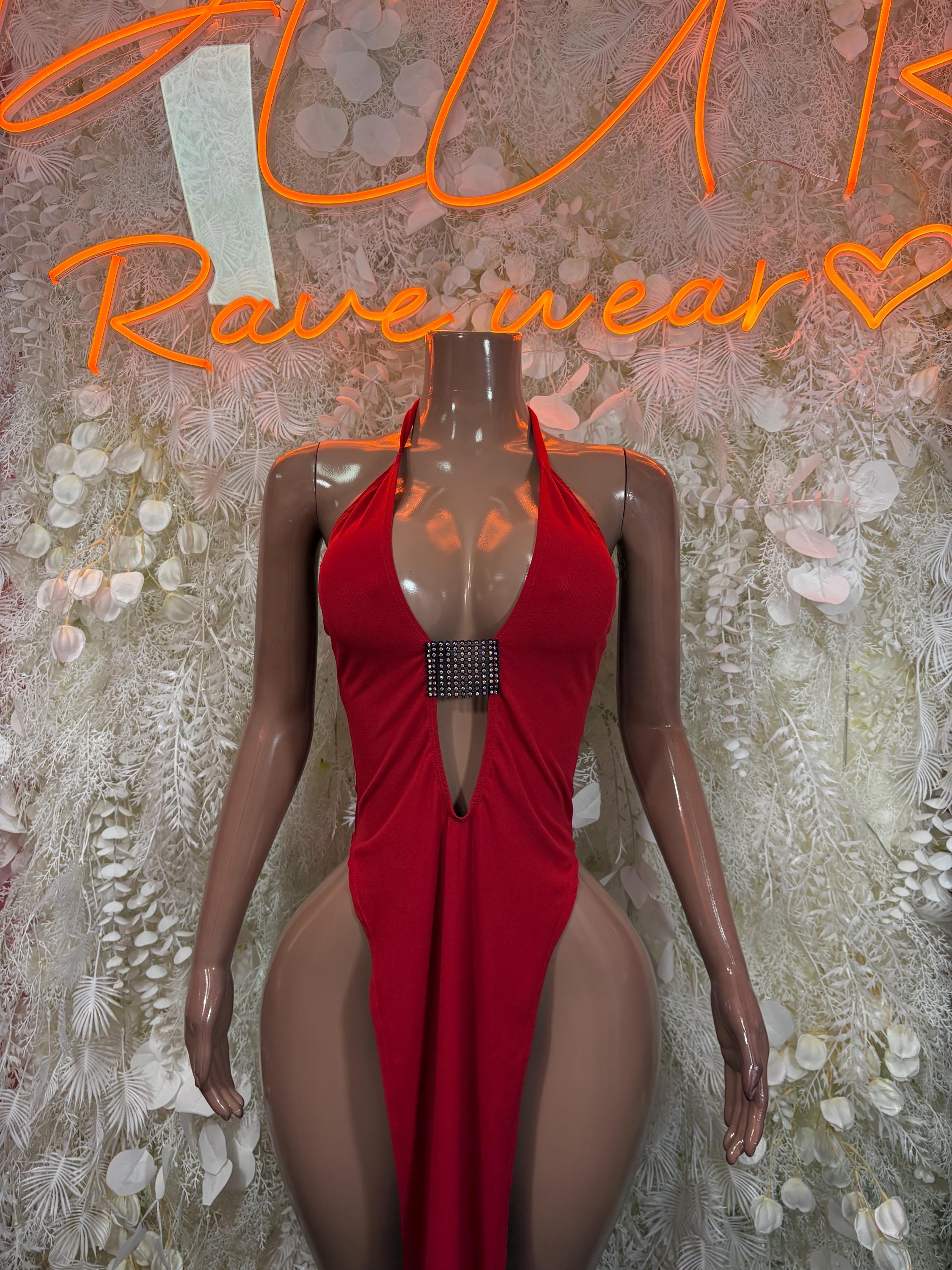 Red halter gown with rhinestone bust detail and deep V neckline, front view