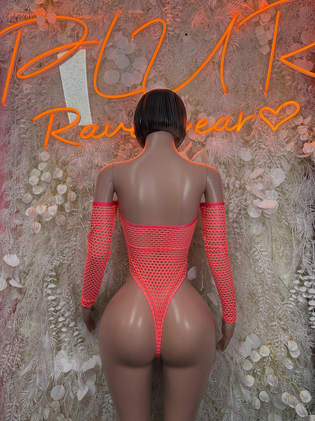 Coral fishnet bodysuit with V-back and back zip, long sleeves