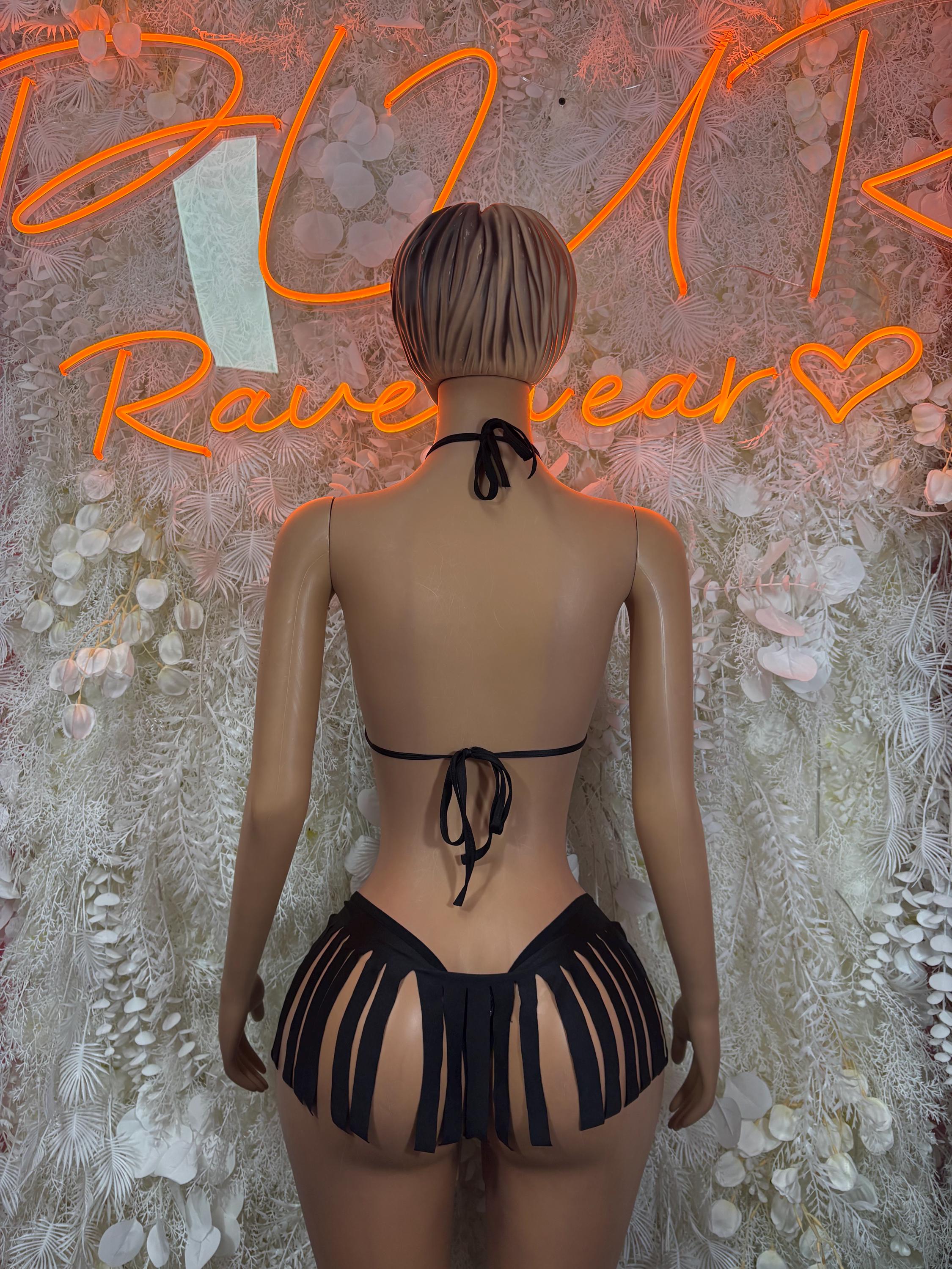Black fringe two-piece rave outfit, back view with halter tie and cutout mini bikini bottoms