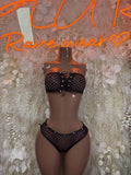 Black fishnet two-piece set: halter top with grommet front and high-rise thong briefs