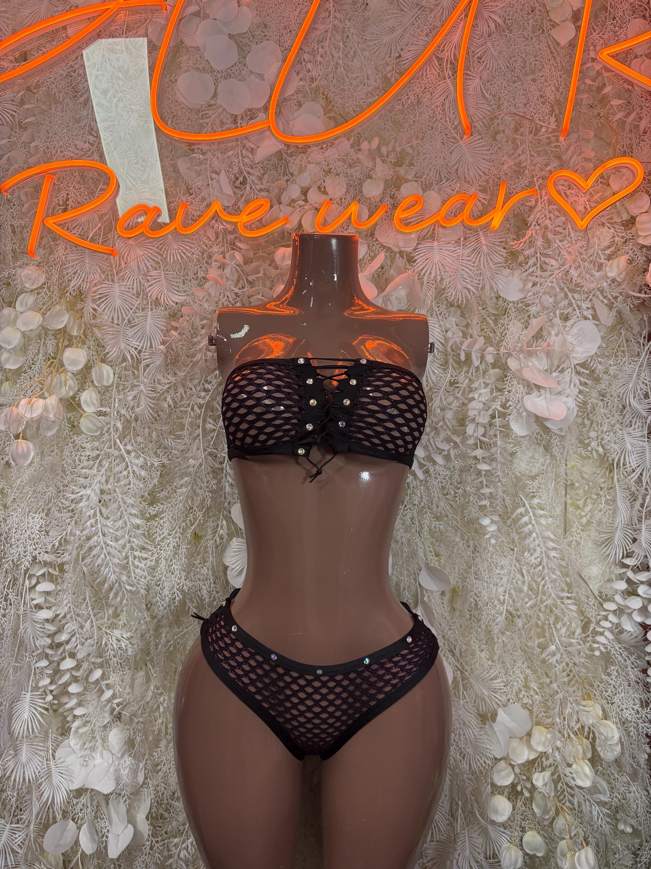 Black fishnet two-piece set: halter top with grommet front and high-rise thong briefs
