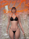 Black fishnet bikini two piece set with triangle bra and thong bottoms