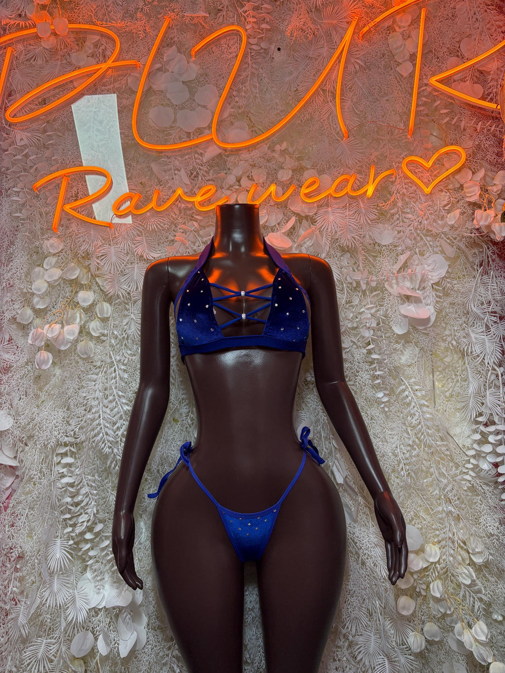 Royal blue velvet two-piece set: lace-up triangle bra and matching bottoms
