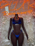 Royal blue velvet two-piece set: lace-up triangle bra and matching bottoms