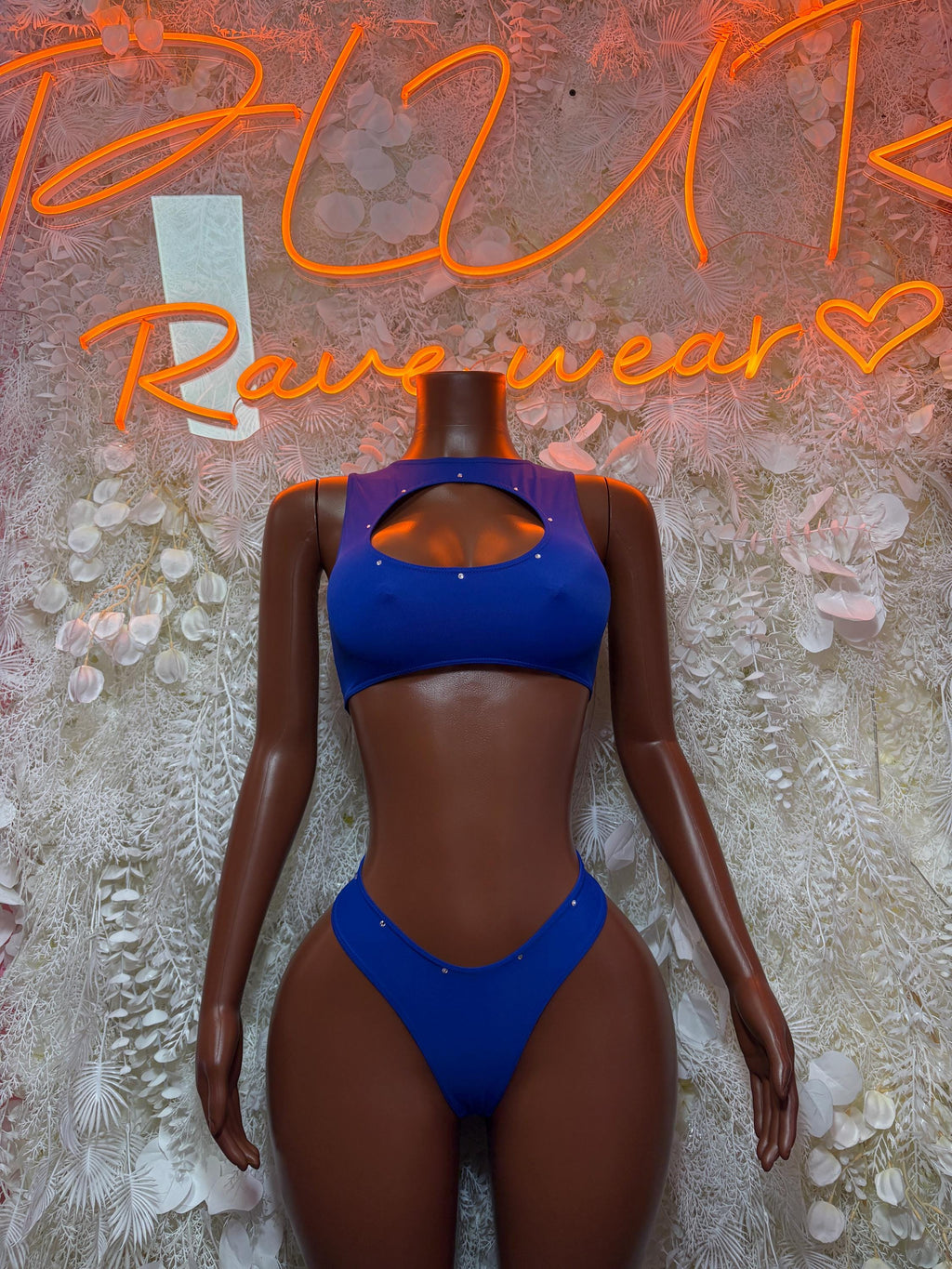 Royal blue two-piece dancewear set with cutout halter bra and matching thong bottoms