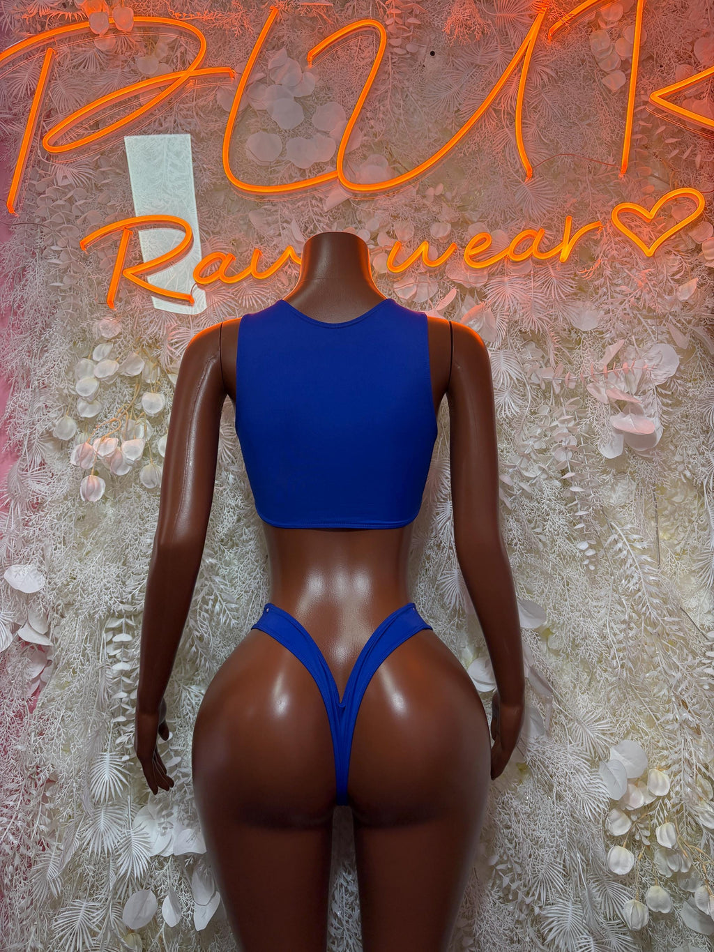 Royal blue two-piece dancewear set with scoop racerback bra and strappy high-cut bottoms