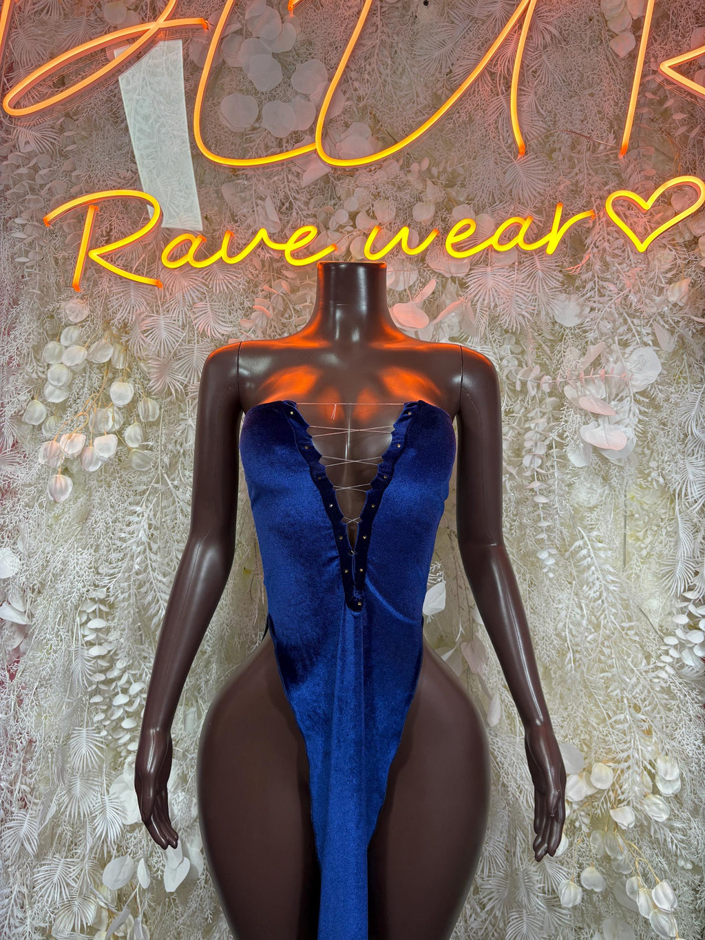 Royal blue velvet halter gown with deep V front and buttoned center detail