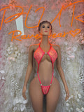 Coral sequin slingshot bodysuit with triangle cups and tie string bottoms