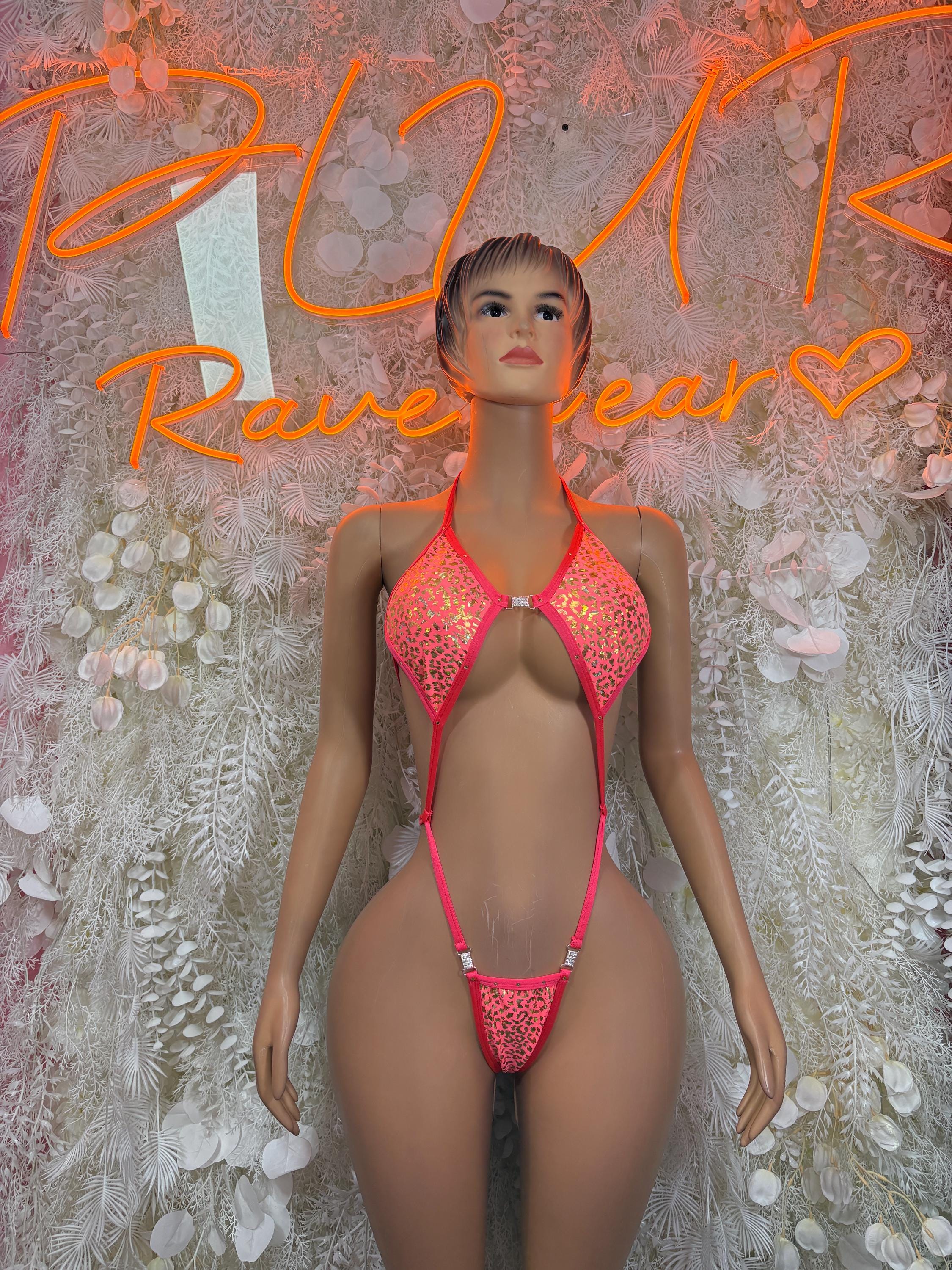 Coral sequin slingshot bodysuit with triangle cups and tie string bottoms