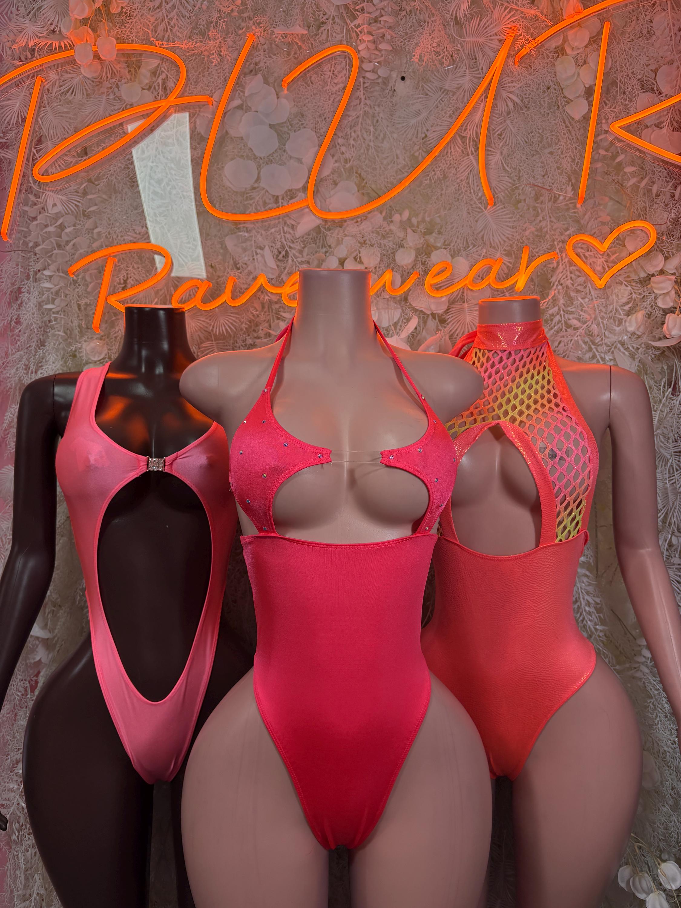 Pink festival bodysuit with scoop neckline and chest cutout
