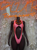 Pink festival bodysuit with oval cutout and halter-style neckline