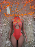 Coral high-neck bodysuit with mesh yoke and cutout neckline