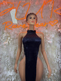Navy satin halter evening gown, sleeveless high neck bodycon fit