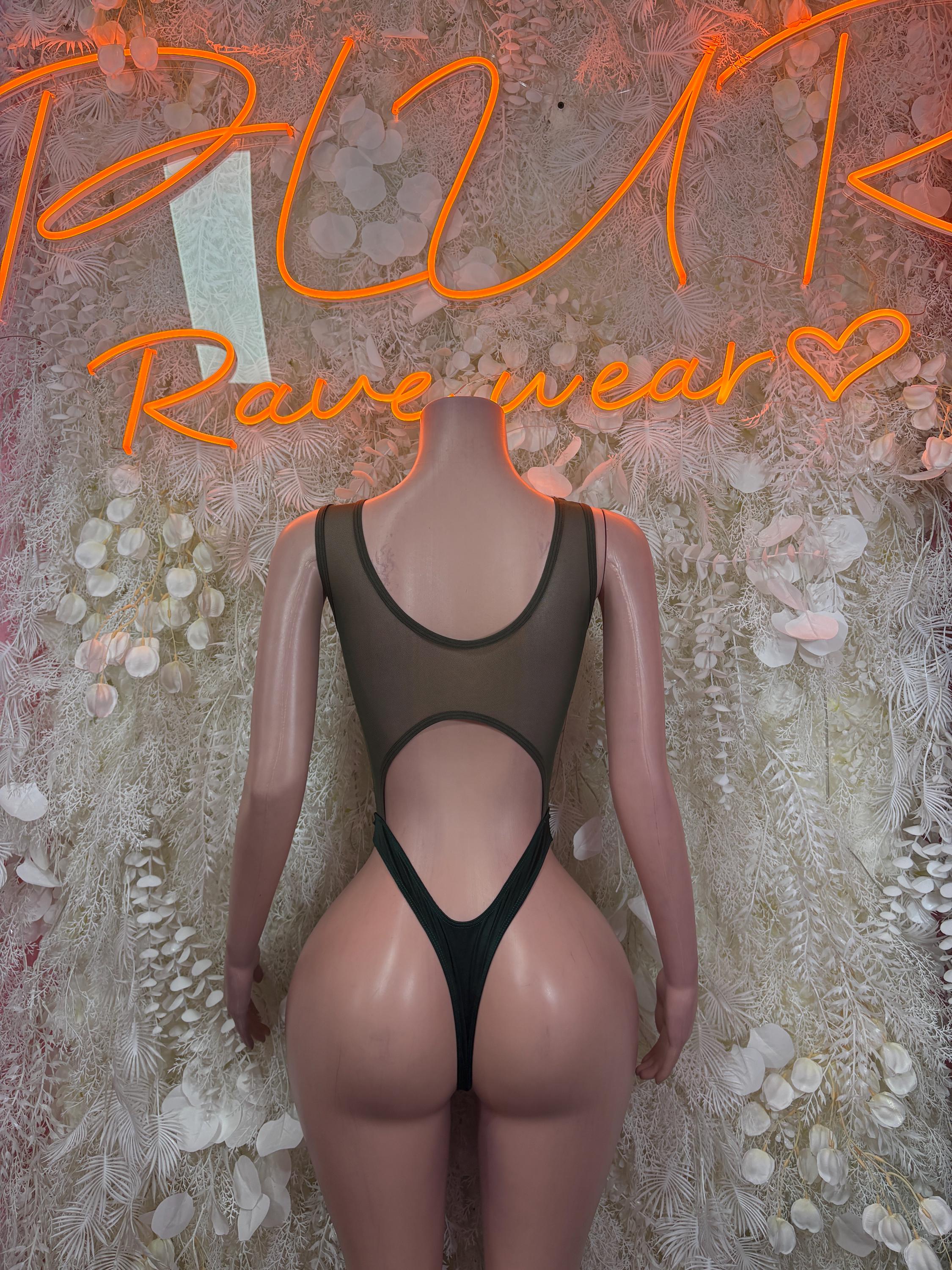 Dark mesh bodysuit with open back, shoulder straps, and high-leg cutout