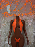 Coral festival bodysuit one-piece with plunging neckline and thong front.