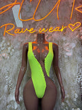 Bottlegirl Bodysuit Neon Green Exotic Dancewear for Performers, Raves, & Festival Clothing