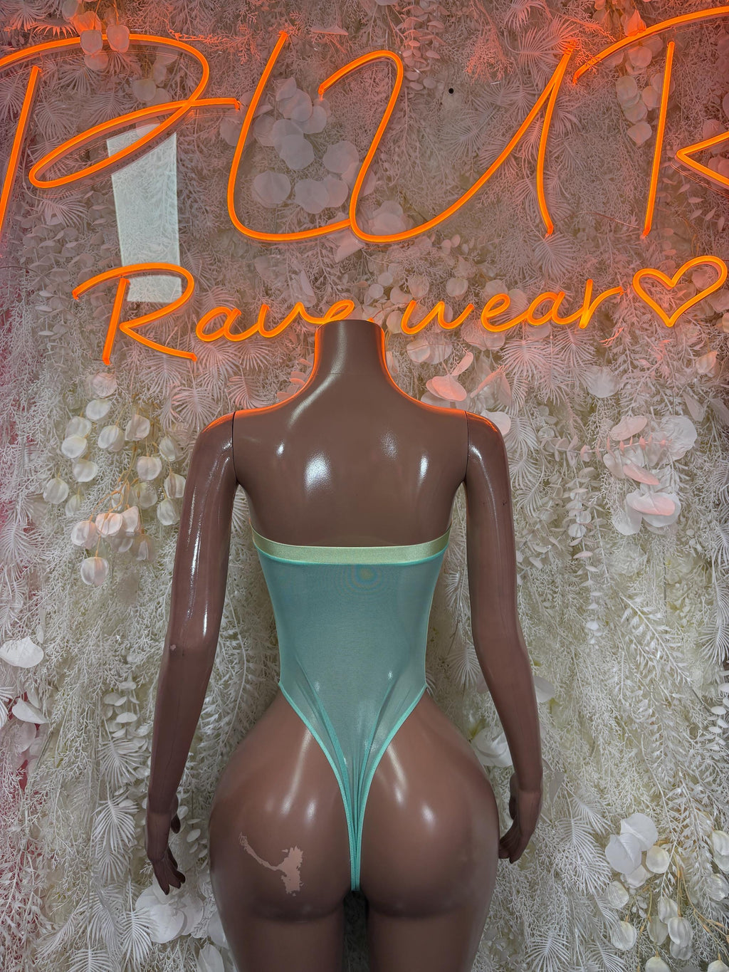Mint green metallic bodysuit, back view with narrow straps
