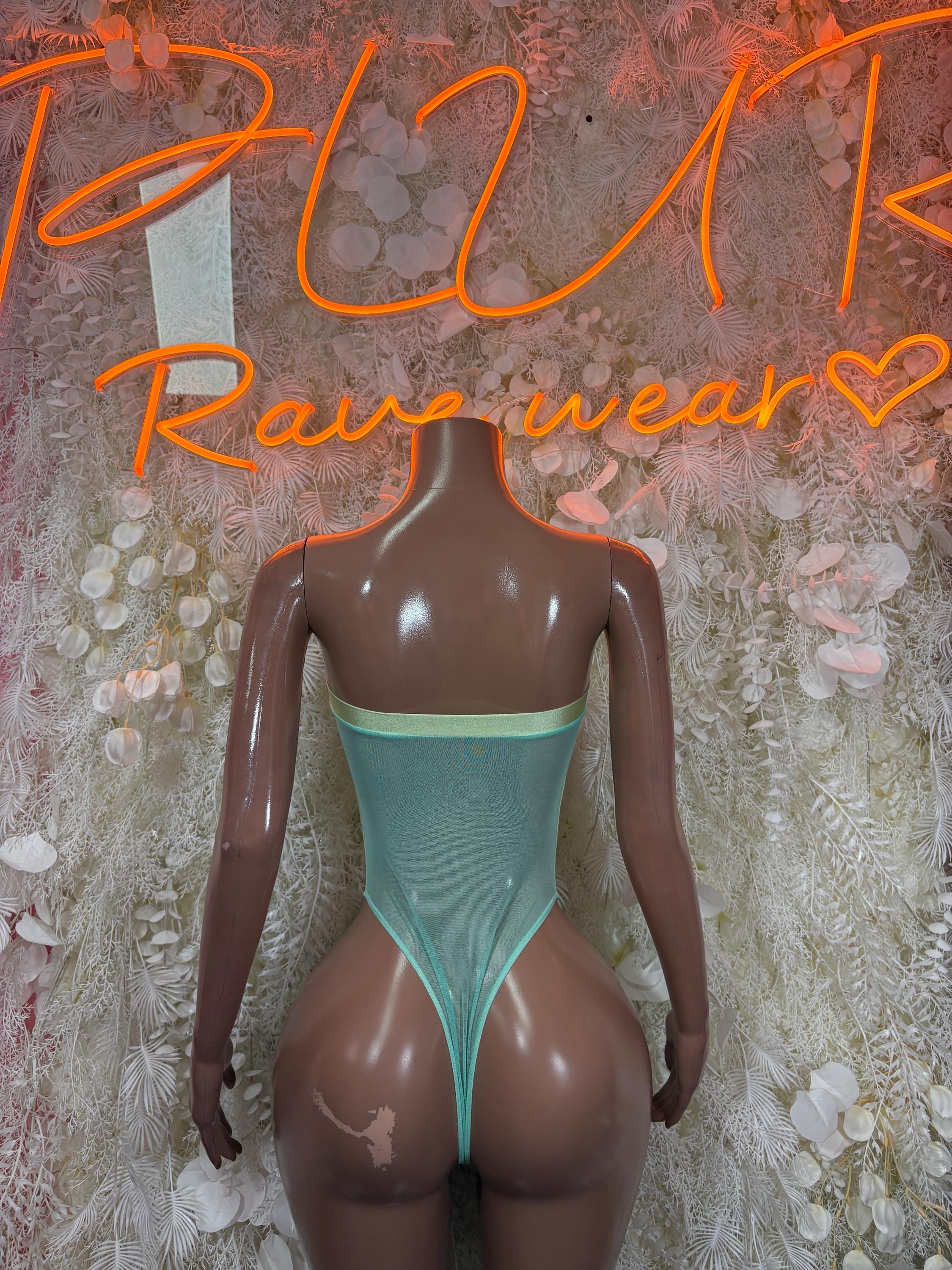 Mint green metallic bodysuit, back view with narrow straps