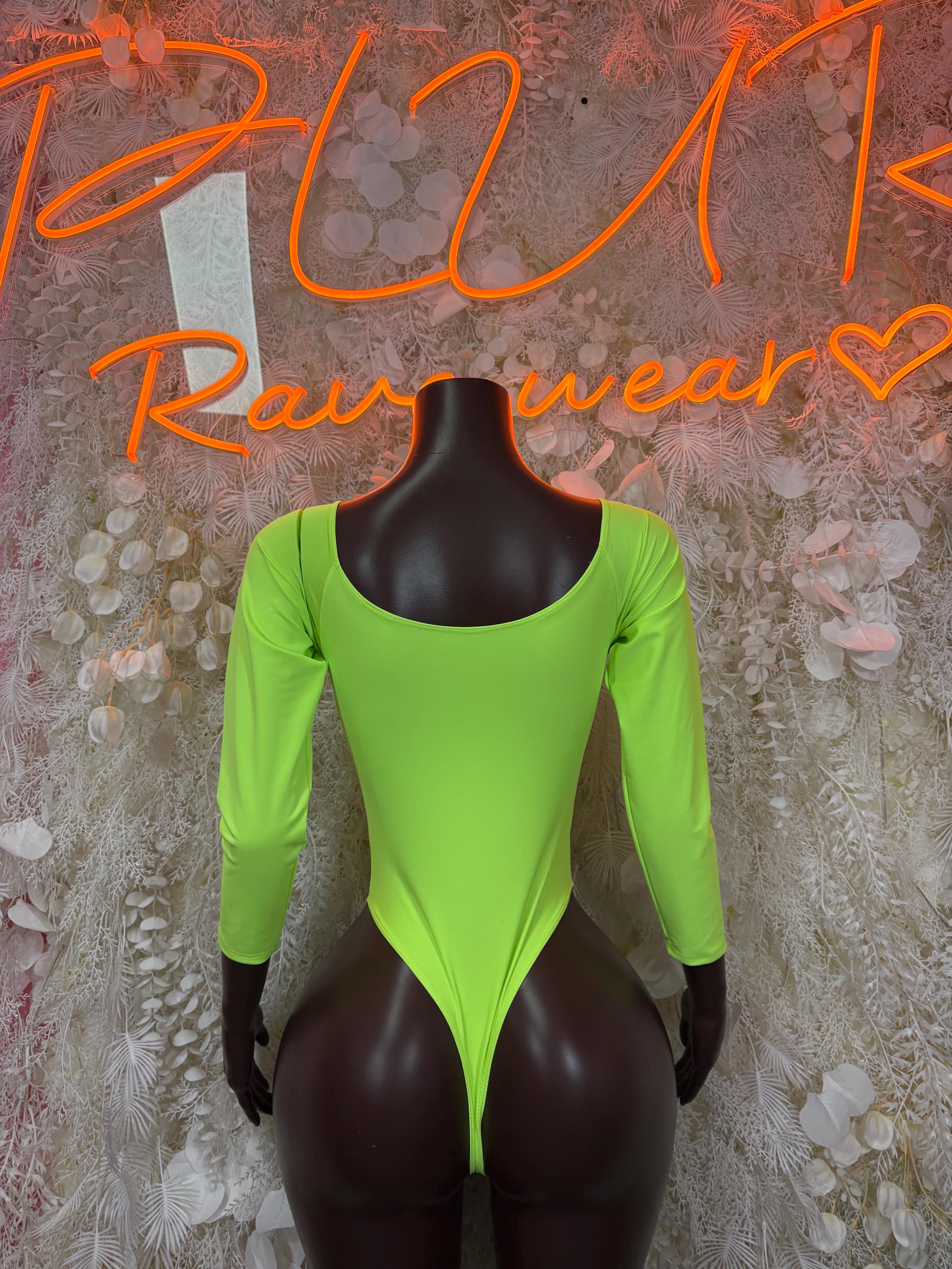 Neon green long-sleeve bodysuit with scoop back and full coverage legs