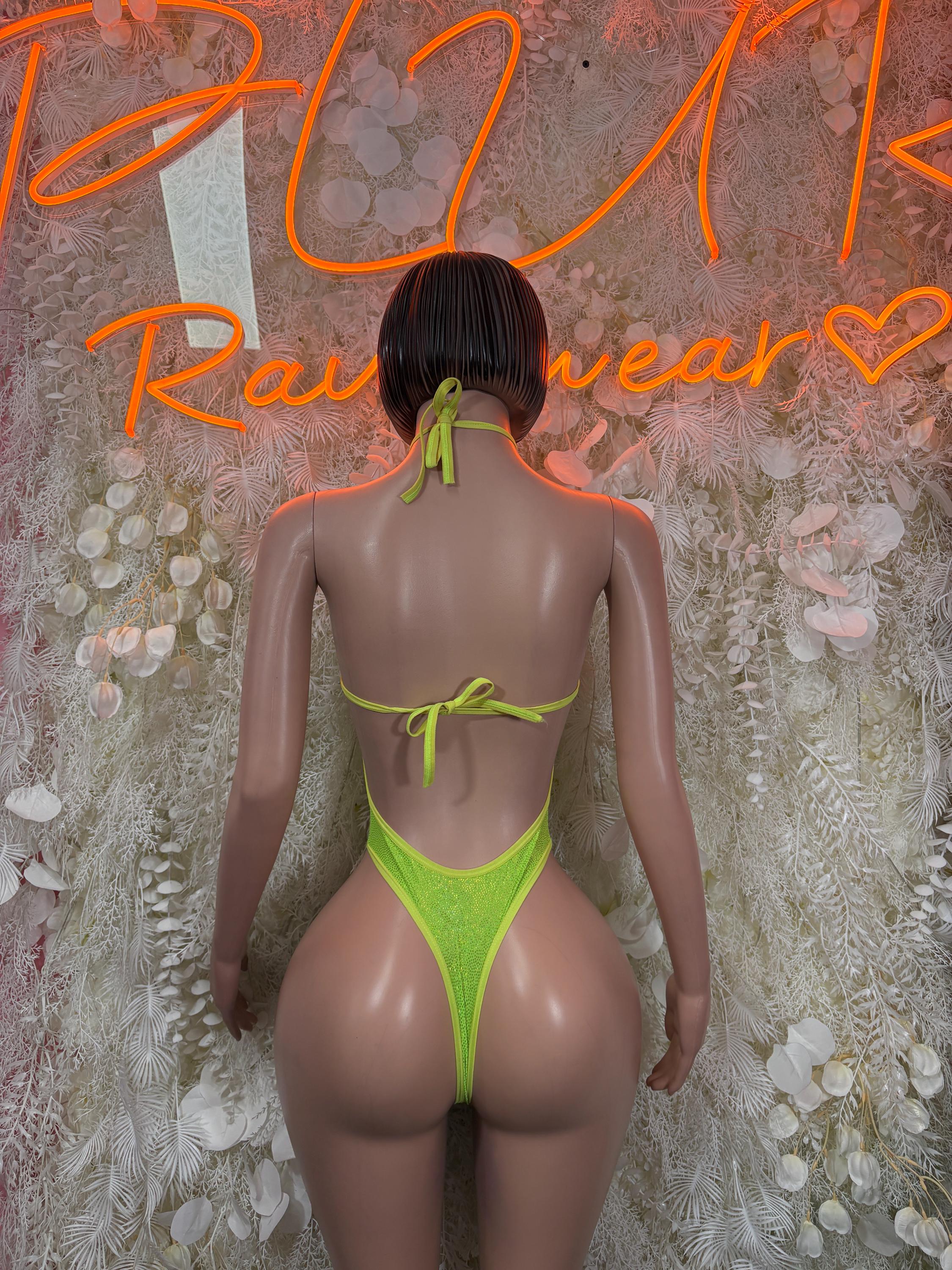 Neon green metallic bodysuit, back view with string ties and high-cut cheeky legs