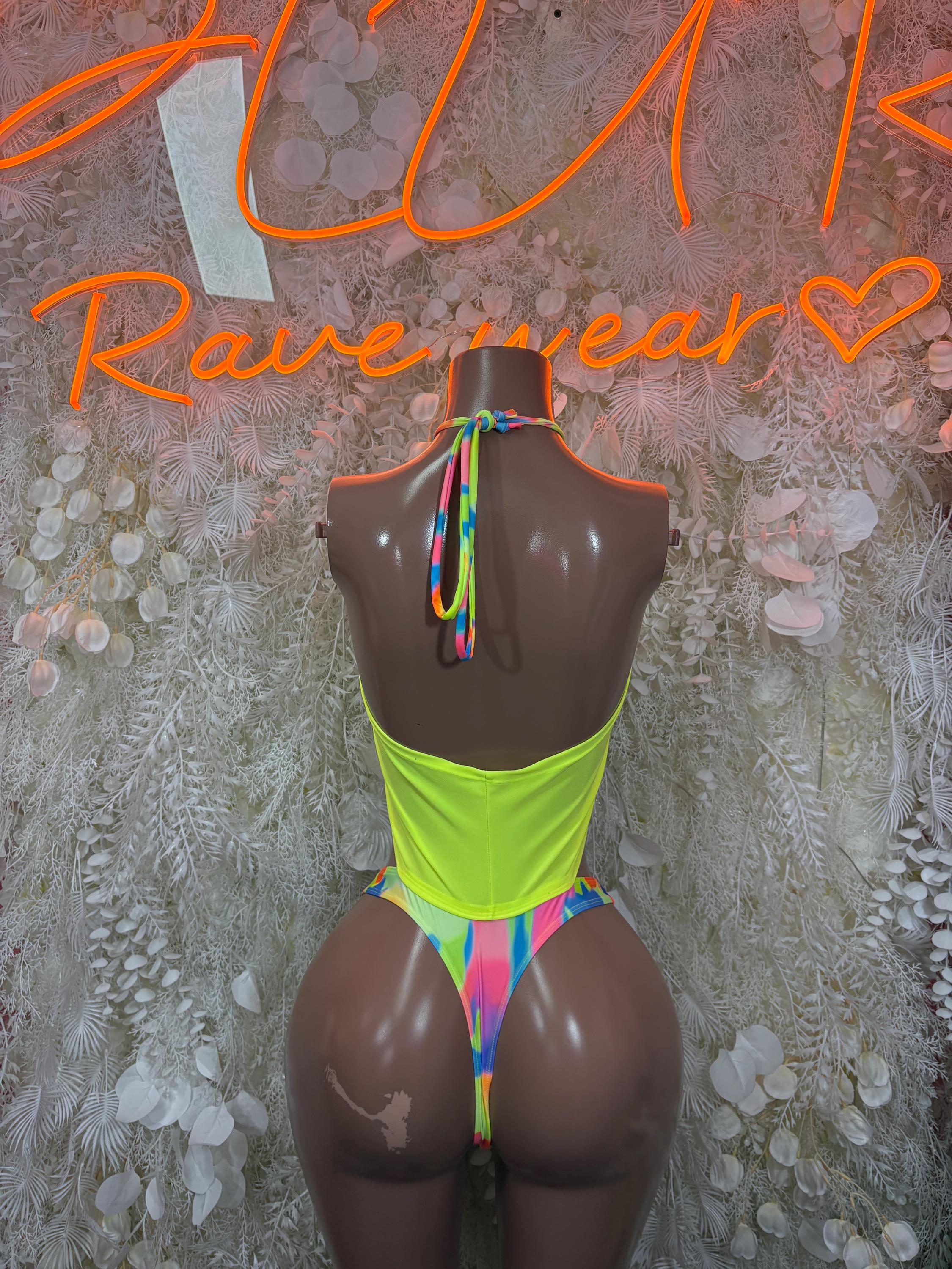Neon green halter bodysuit with tie-back and rainbow contrast straps