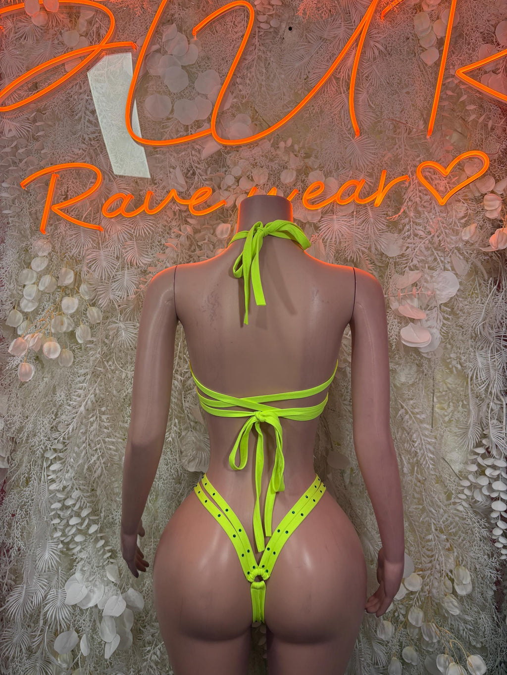 Neon green mesh festival bodysuit set, backless halter straps and tie bottom